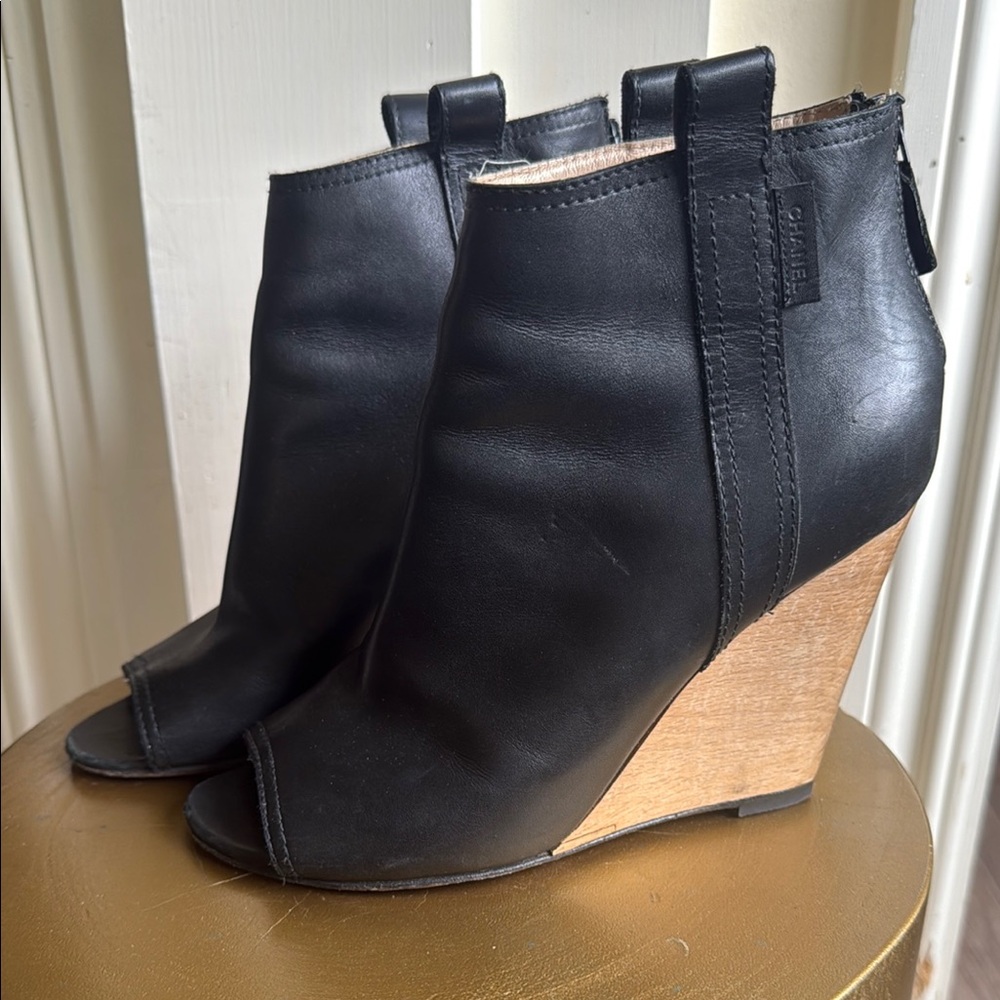 CHANEL Black Wedge Peep-Toe Shoes. Size 8